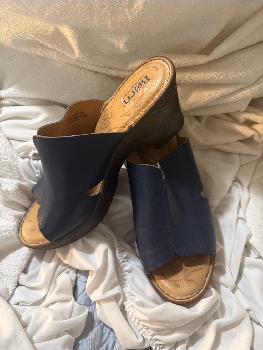 Born Navy Open-Toe Leather Wedge Mules